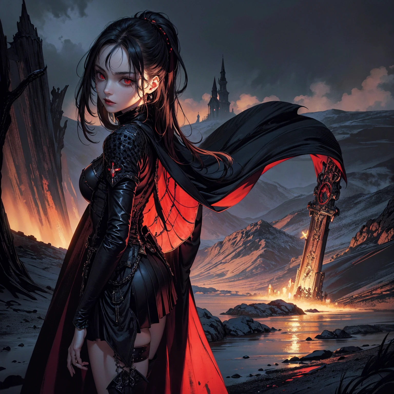 best quality, 4k, high resolution, masterpiece:1.2, Very detailed, actual:1.37, Mood lighting, Girl in a long cape, Wearing a reflective latex skirt that shows a little skin above the chest, Dangerous sneer, Black Hair, Standing, Face facing the camera, Crucified, Pitch black sky, Blood-red moon, strange atmosphere, Gothic style, Unforgettable beauty, Dramatic shadows, Ethereal Light, Mysterious atmosphere.