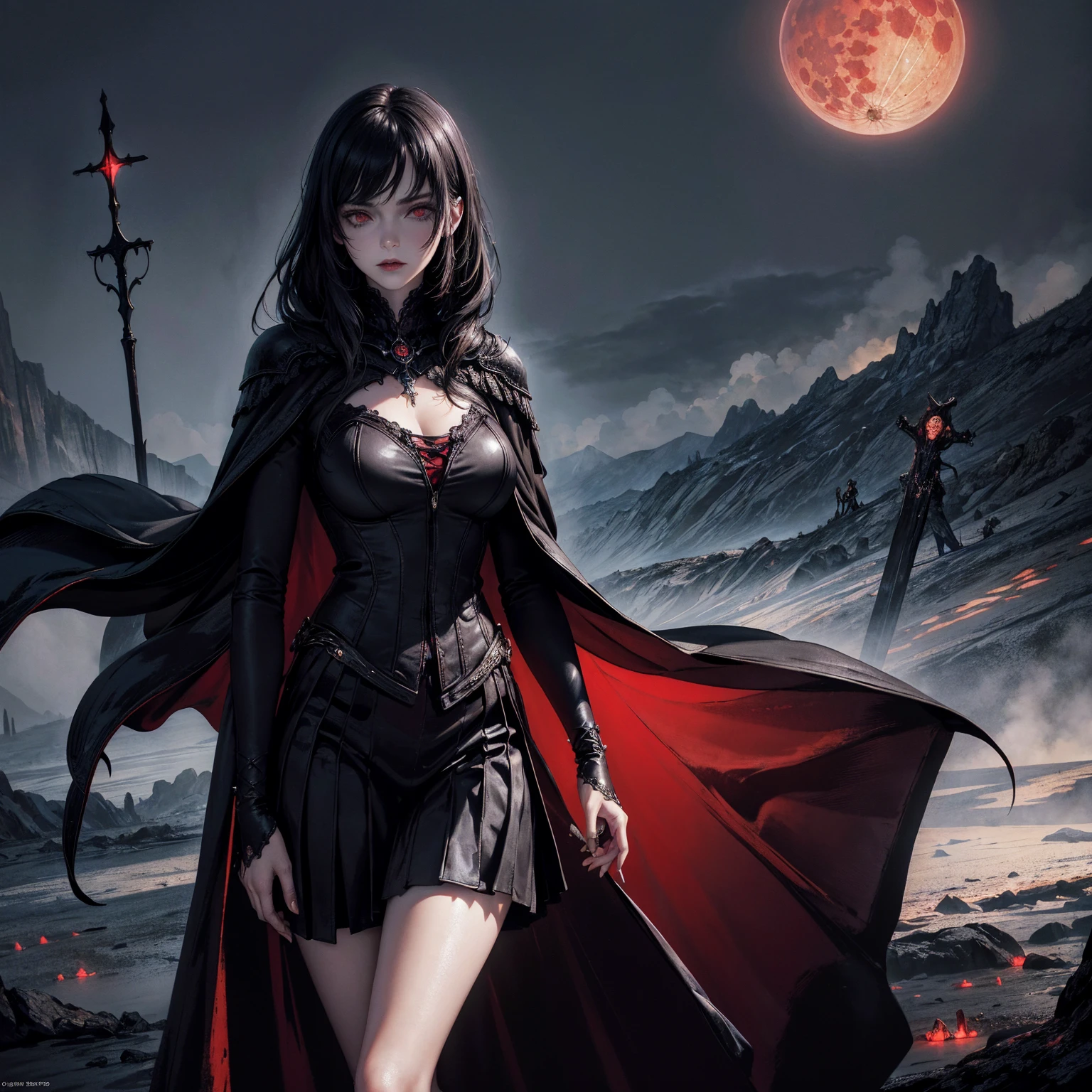 best quality, 4k, high resolution, masterpiece:1.2, Very detailed, actual:1.37, Mood lighting, Girl in a long cape, Wearing a reflective latex skirt that shows a little skin above the chest, Dangerous sneer, Black Hair, Standing, Face facing the camera, Crucified, Pitch black sky, Blood-red moon, strange atmosphere, Gothic style, Unforgettable beauty, Dramatic shadows, Ethereal Light, Mysterious atmosphere.