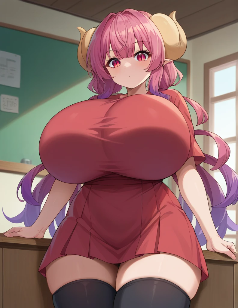 score_9, score_8_up, score_7_up, anime_source,
dragonilulu, ilulu nude, huge massive gigantic big big absurd breasts, curly horns, horns, long hair, multi-colored hair, purple hair, red eyes, red hair, slit pupils, thigh highs,
inside,
looking at the viewer, cowboy shot, dutch angle,