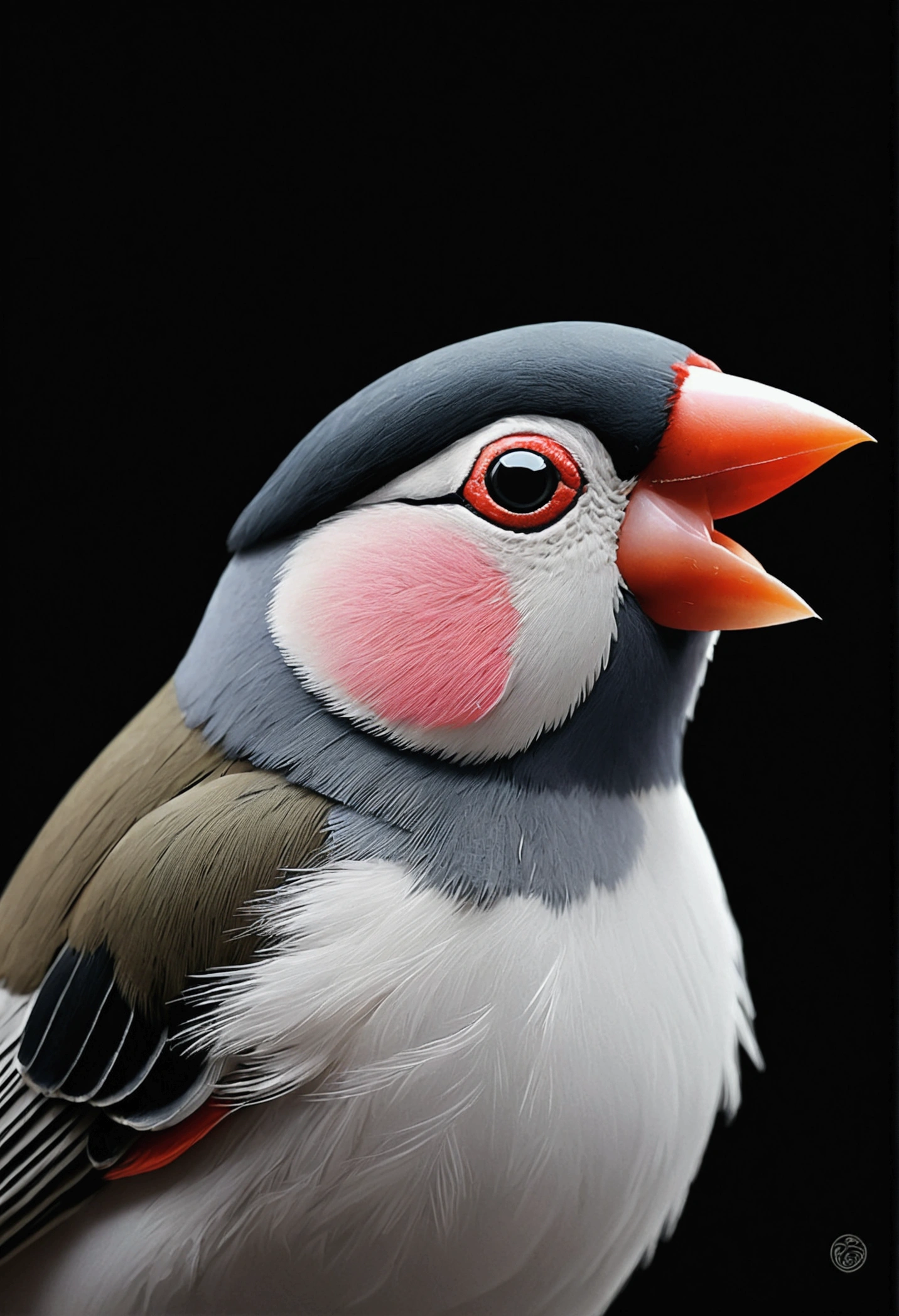 Java sparrow Studio Ghibli style painting　Front view up　Black background　