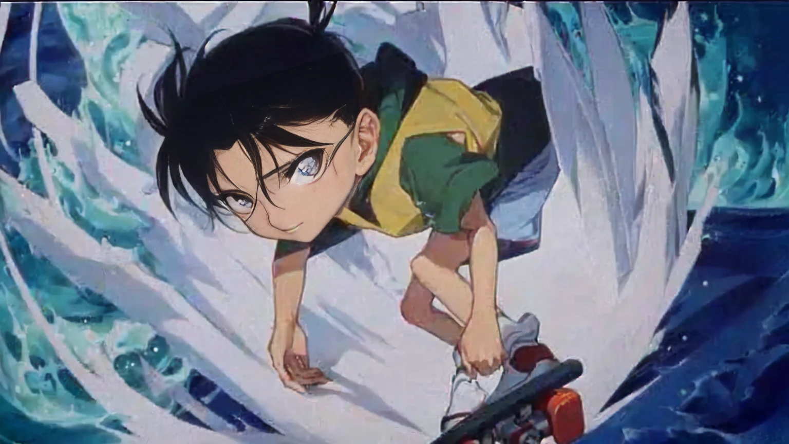 masterpiece, Highest quality, (Highly detailed CG Unity 8K wallpapers), (Highest quality), (Best illustrations), (Best Shadow), Absurd, Realistic lighting, (abyss), Beautiful sparkle, Close-up of a person riding a skateboard on the waves, Shinji, 90s Anime style, 90s Anime style, 90s Anime art style, 1990s Anime, 1 9 90s Anime, 1 9 9 0's anime, 90s Anime, 90s Anime, 90s anime, 9 0's anime