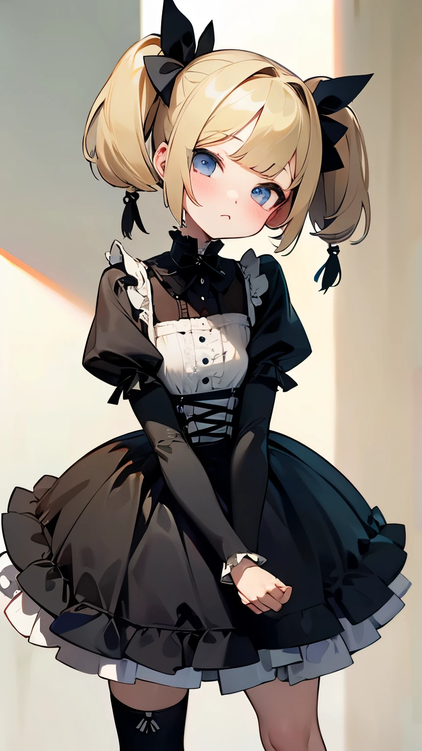 (Highest quality、masterpiece、Very detailed、One Girl、Cute Face、Silky Short Blonde、(((short hair with twin tails、Short Bob Twin Tail)))、Grey Eyes、From the knee up、Gothic Lolita Fashion、Very detailed目、Small red cheeks and nose、Cute Face、