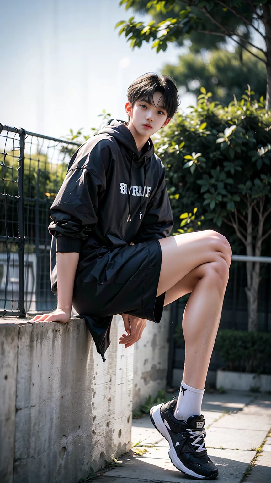 boy , tall volleyball player,Front view,muscular,Bodybuilding,Slender legs,Broad shoulders,blue eyes, black hair color, Wear a white sweatshirt, Wear black sports shorts, Wear white sneakers, Cute and delicate face,Surprised face, Surprised eyes, Eyes look forward, From the front, Sitting, Sit in the shade and rest, tree shadow, Beautiful Weather, noon,White skin, Rest area next to the jogging ground, Very detailed content, best graphic, 8k, Super sharp, masterpiece
