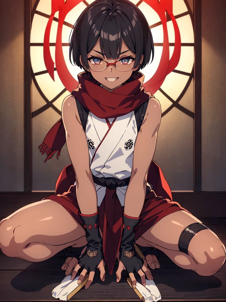 (flat chest), (masterpiece:1.2), highest quality, High resolution, unity 8k wallpaper, (fine and beautiful eyes:1.6), highly detailed face, perfect lighting, Detailed CG, (perfect hands, perfect anatomy), (1 boy:1.4), 20 years old,( black hair:1.3), extremely beautiful detailfeminine face and eyes, (evil smile:1.4), detailed eyes, best quality,( dark skin:1.8),   extremely detailed, very precise detailed,(glasses:1.3), blunt bangs, open mouth, (very short pixie cut:1.2), (geta:1.2),(fingerless gloves:1.5), smile, half closed eyes,long sidelocks,(long red Scarf:1.3),(sleeveless yukata),(on one knee:1.5) ,(own hands clasped), (spread legs:1.2),(kuji-in:1.5),
