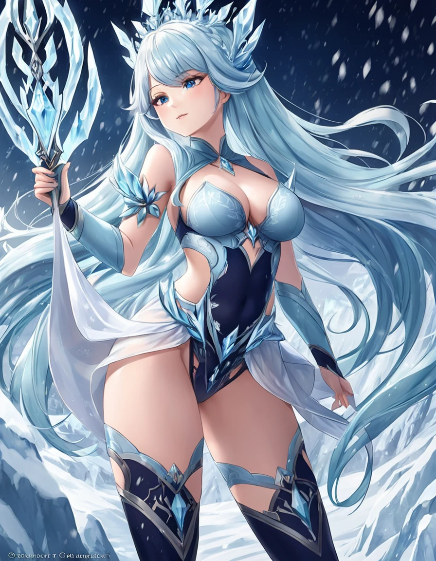 Sexy asian woman, big , long hair, light blue hair, ice queen warrior, sexy, frozen environment, 