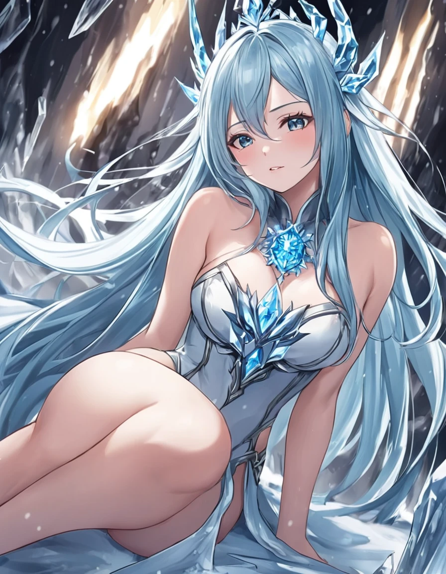 Sexy asian woman, big , long hair, light blue hair, ice queen warrior, sexy, frozen environment, 