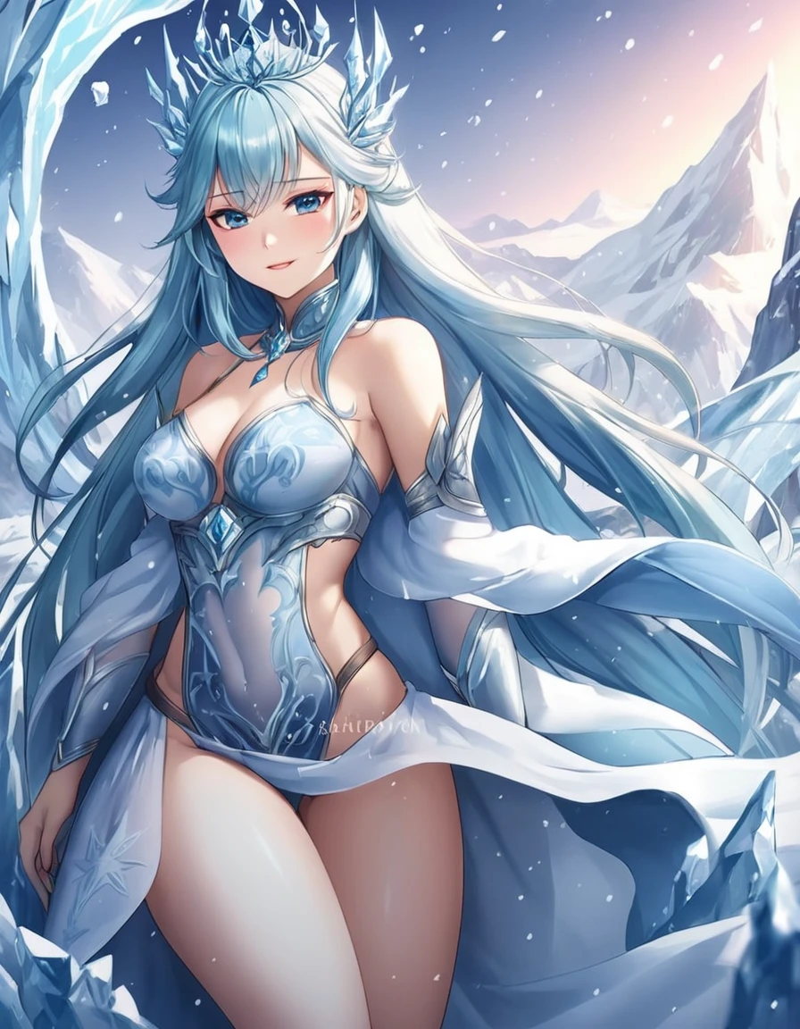 Sexy asian woman, big , long hair, light blue hair, ice queen warrior, sexy, frozen environment, 