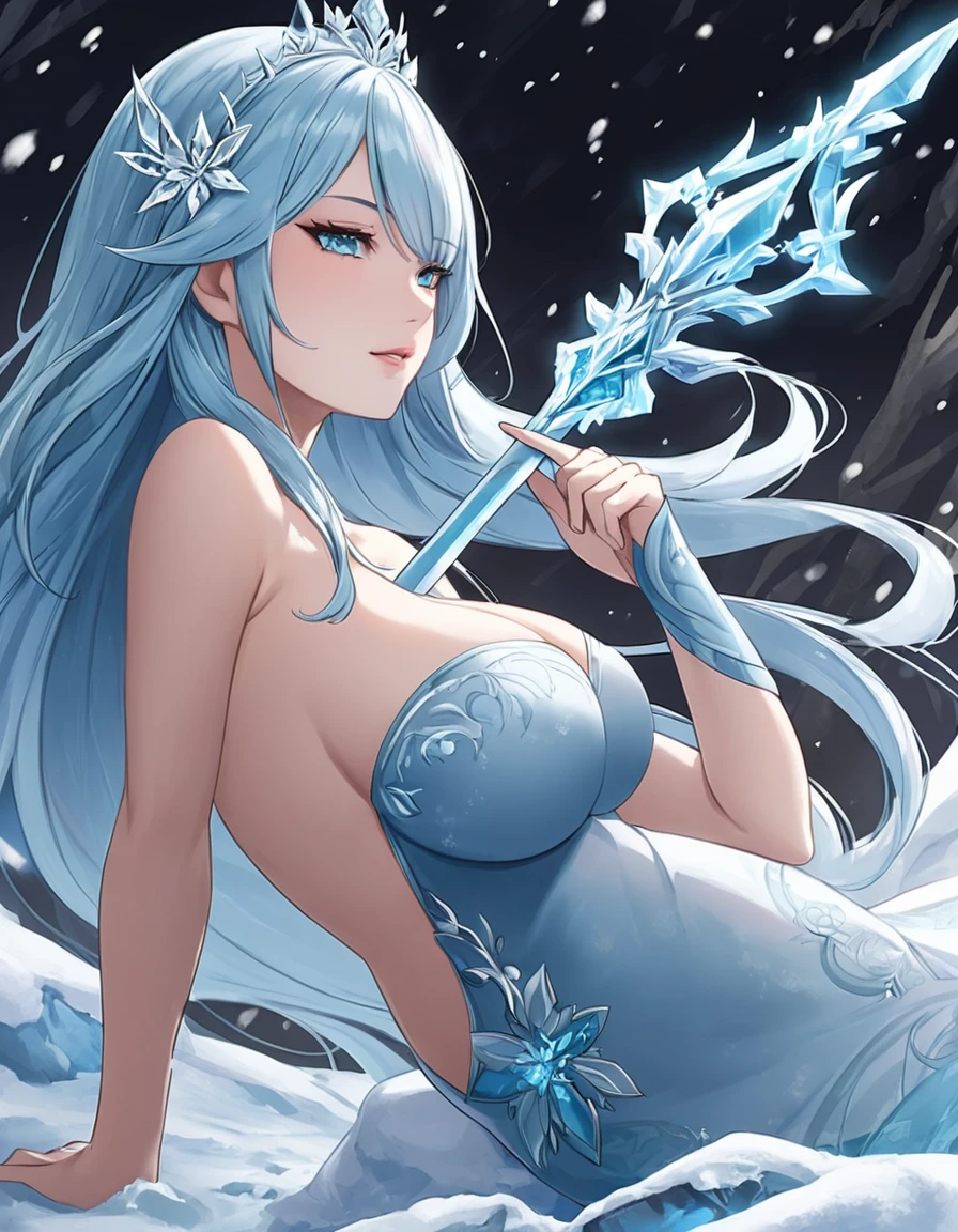 Sexy asian woman, big , long hair, light blue hair, ice queen warrior, sexy, frozen environment, 