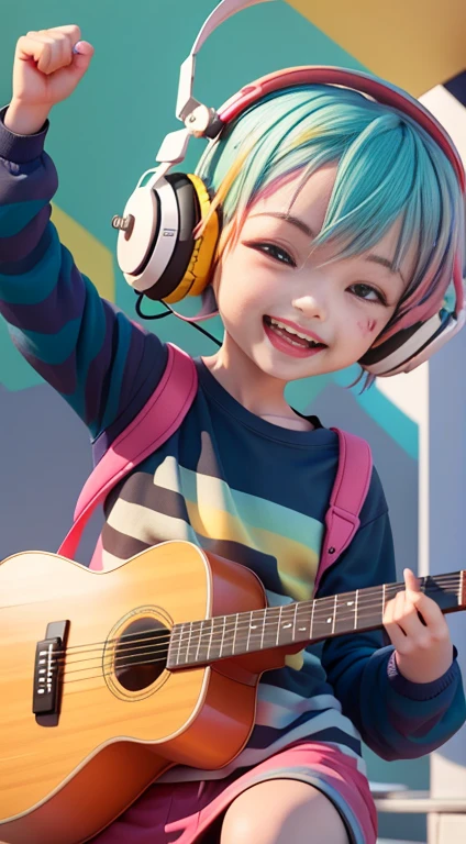 1girl, 1boy, , Smile, open mouth,
playing guitar, shirt, short hair, multicolor hair, long sleeves, Stripe, headphones, multicolor hairido