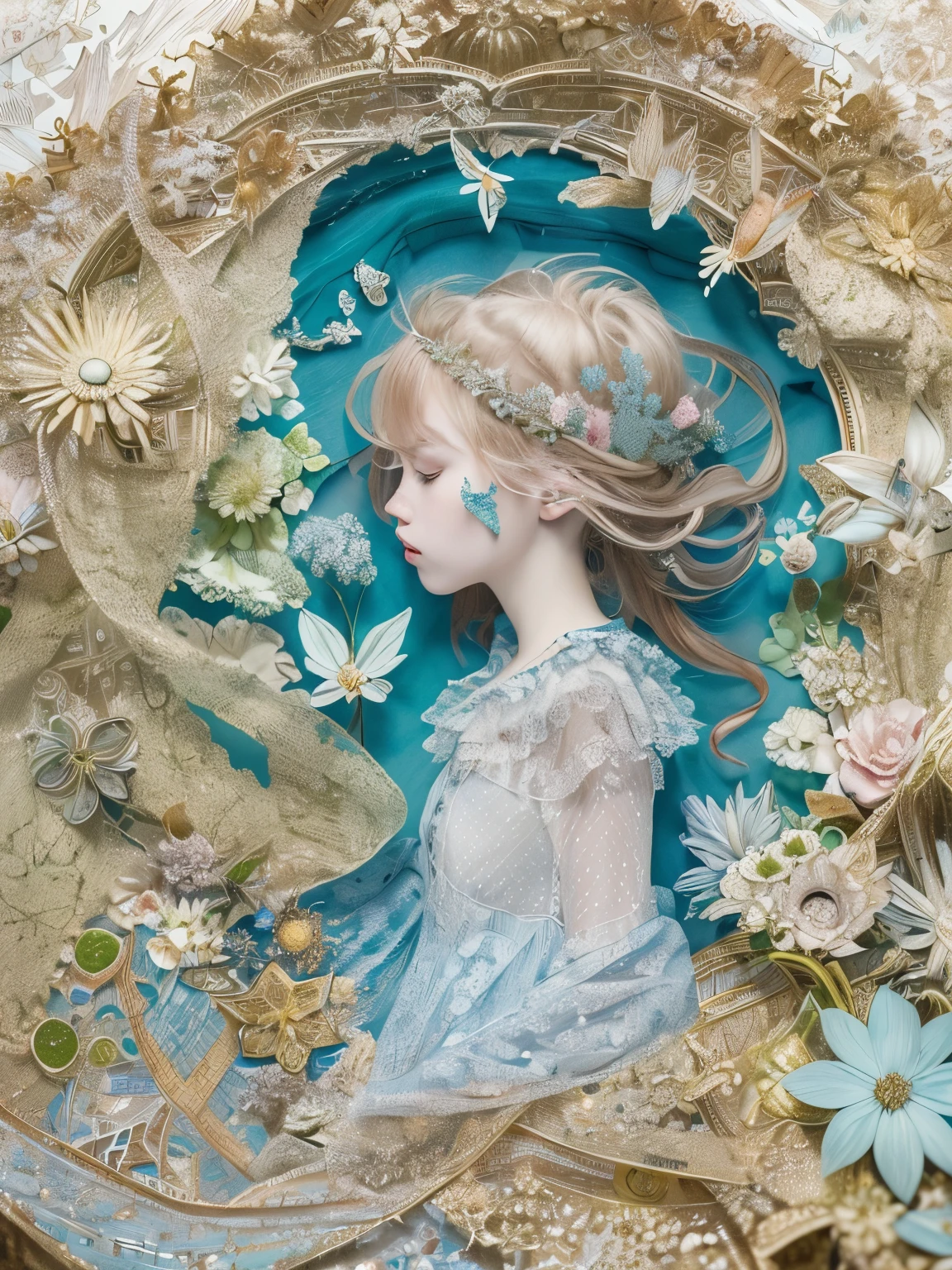 ((((masterpiece))), Highest quality, An illustration, Beautiful details shine,
paper_cut, The details of a fragile girl&#39;s face captured on camera, wood, moon, butterfly,Wind,flower、star、Blue haze