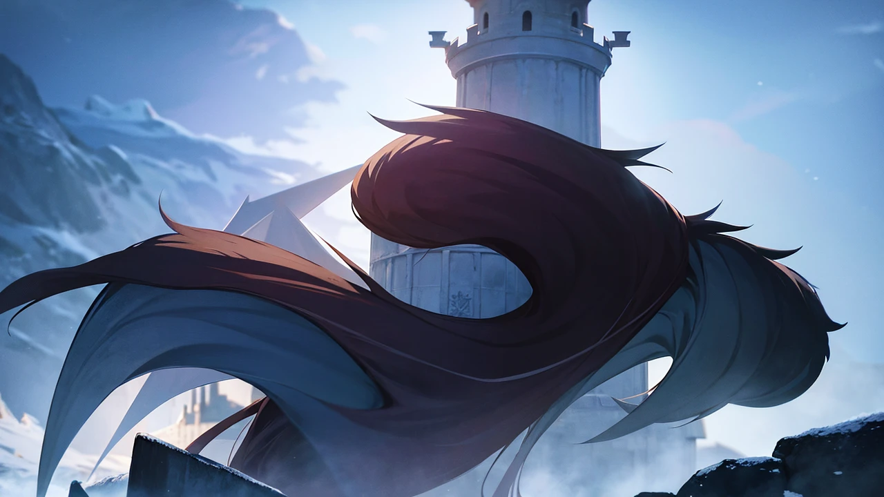 Anime poster style,slayer,boy, castle tower high perch background, Snow Mountain Background, It&#39;s snowing, (white hair:0.8), (focus on young men: 0.8), Zoom lens shot, By Studio Ufotlble,Skeleton Arm, dragon (((Masterpiece))), (((best quality))), (Very detailed CG unity 8k wallpaper.)