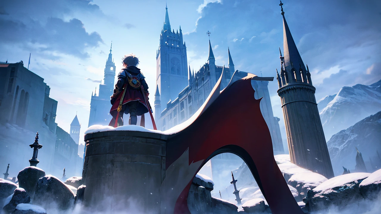 Anime poster style,slayer,boy, castle tower high perch background, Snow Mountain Background, It's snowing, (white hair:0.8), (focus on young men: 0.8), Zoom lens shot, By Studio Ufotlble,Skeleton Arm, dragon (((Masterpiece))), (((best quality))), (Very detailed CG unity 8k wallpaper.)