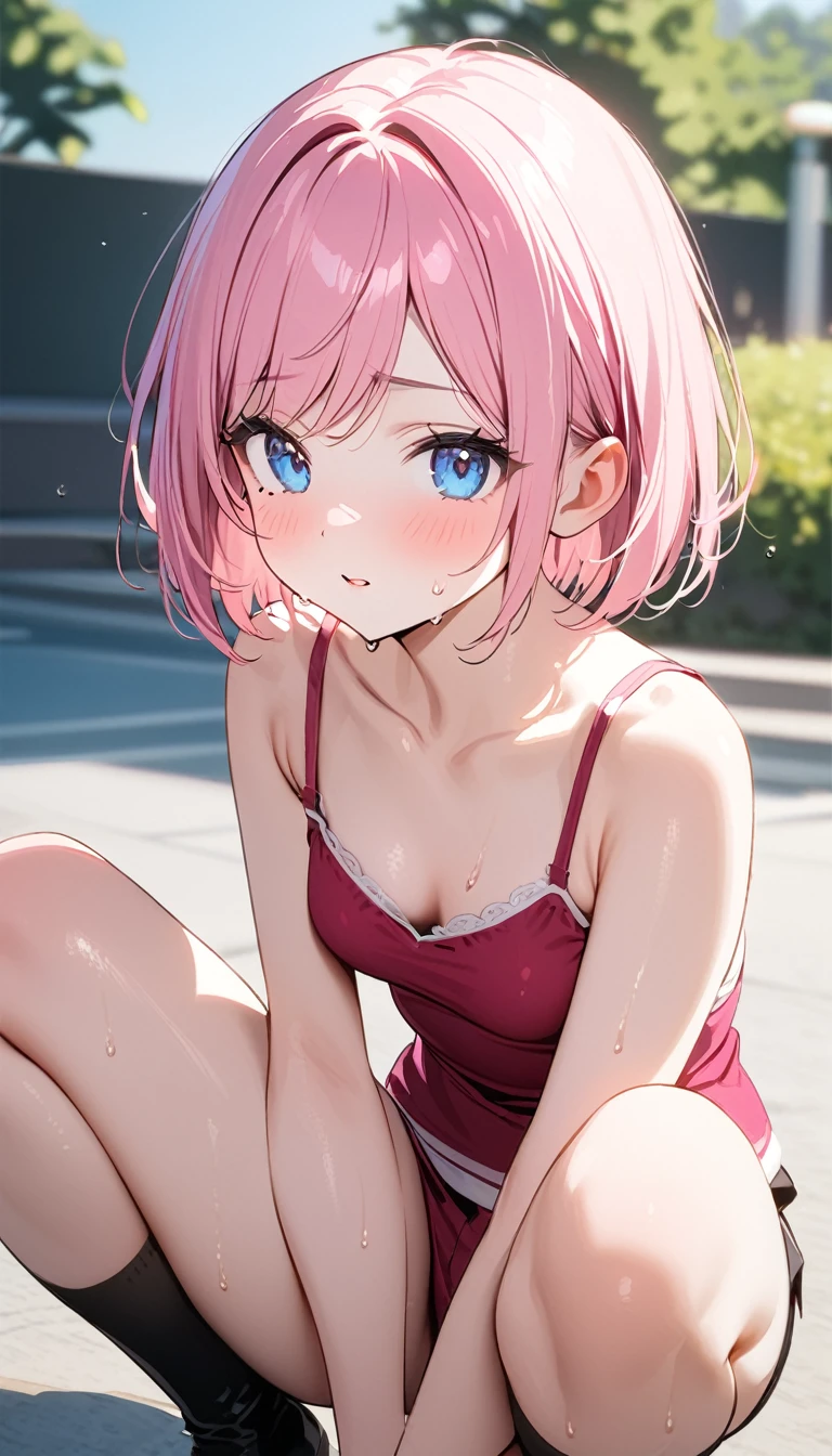 (1 girl),(Best Picture Quality, 8K, Masterpiece:1.3), (high school student:1.5), ((pink lob hair:1.1)), (bob cut),(swept bangs), (cute eyes, pupil black, iris skyblue, youthful face), (mole under right eye), (standard weight), (small breasts),(big hip), (glistening skin:1.1),(pale skin:1.2),(squatting),(camisole, hot pants),(leg close-up),(sweat).