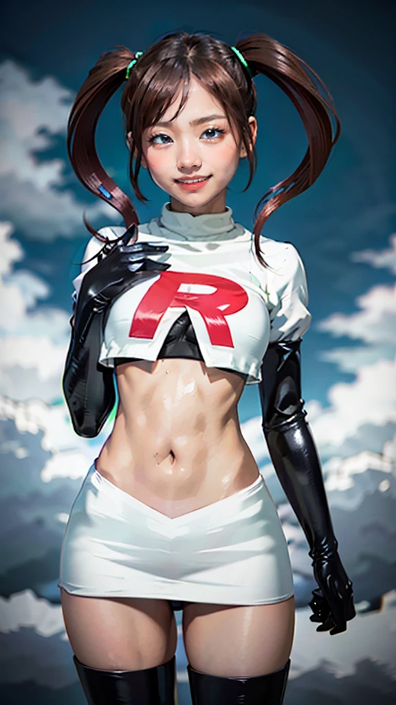 (masterpiece, Highest quality, In 8K, Very detailed, High resolution, Realistic:1.2), (Team Rocket uniform:1.3), (Grin:1.2), (Brown Hair, Twin tails, Mid-length hair:1.2), (Cowboy Shot:1.3), (20 year old Japanese woman:1.2), (The skirt is short:1.3), (Black patent leather gloves, Black patent leather long boots:1.2), (Upper body is thin:1.4), (Flat Chest:1.2), (Thick thighs:1.3), (Panty shot, Black panties:1.3)