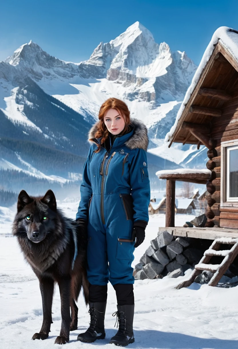 redhead in a snow suit and a black wolf with blue eyes next to her, with the background of frozen mountains and next to a small destroyed chalet and the wolf on its side
