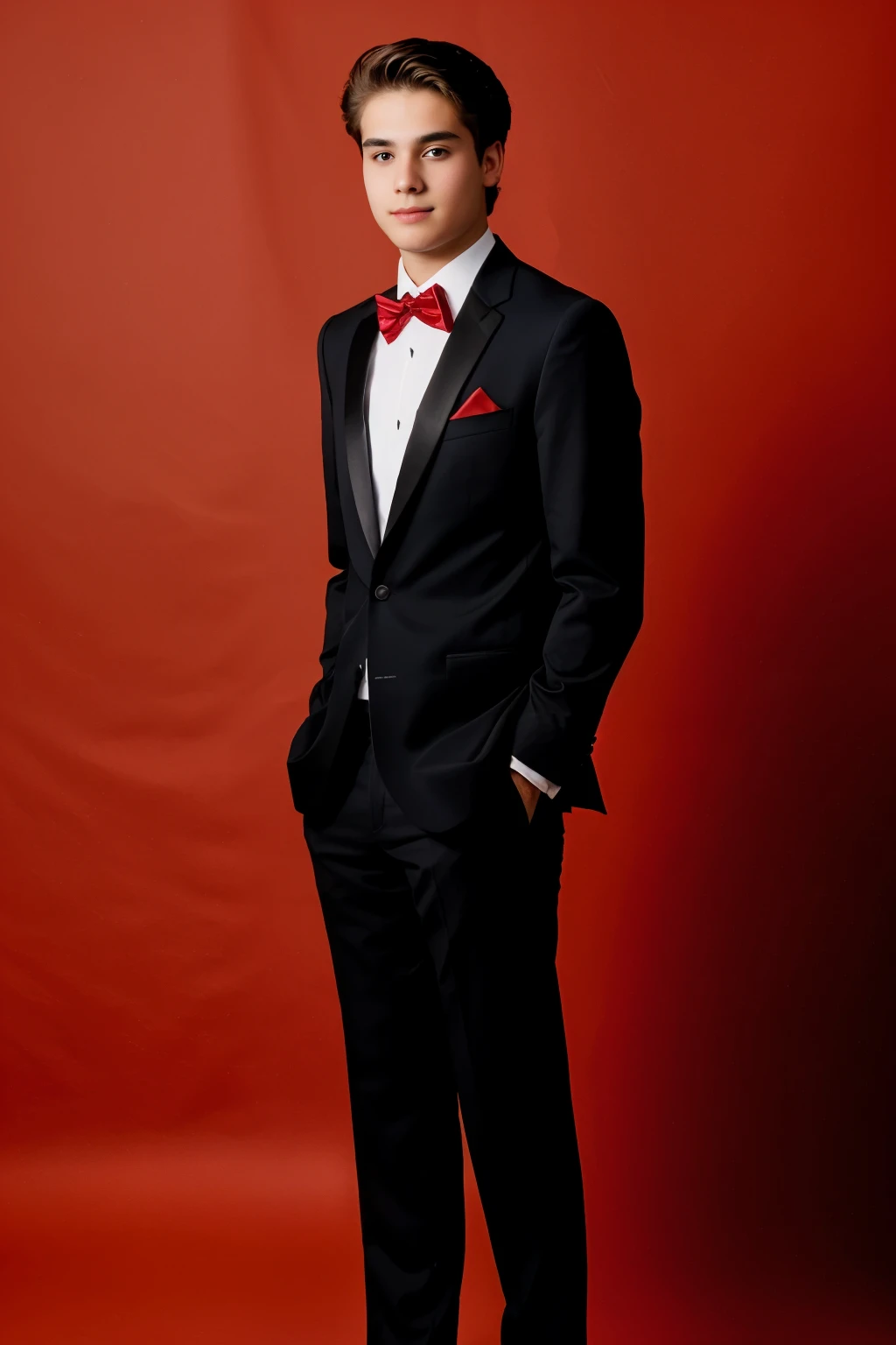 21 year old boy posing for linked in profile in formals and cool red background