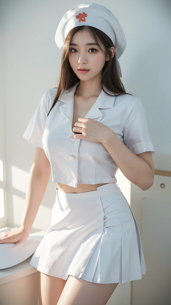 innocent 25 year old girl,giant :1.2,cleavage of breasts:1.2、(panty shot:1.3) (white nurse uniform:1.5),( White short skirt:1.5),(White nurse hat:1.5),(white nurse pumps:1.5), Angle:1.2、The background is a hospital room.、laugh,shortcut、RAW photos, (8k、top quality、masterpiece:1.2)、(intricate details:1.4)、(realistic:1.4)、octane rendering、Complex 3D Rendering Ultra Detailed, studio soft light, rim lights, vivid details, super detailing, realistic skin texture, detail face, Beautiful eye for detail, Highly detailed CG Unity 16k wallpaper, assembly, (detailed background:1.2), glowing skin, whole body