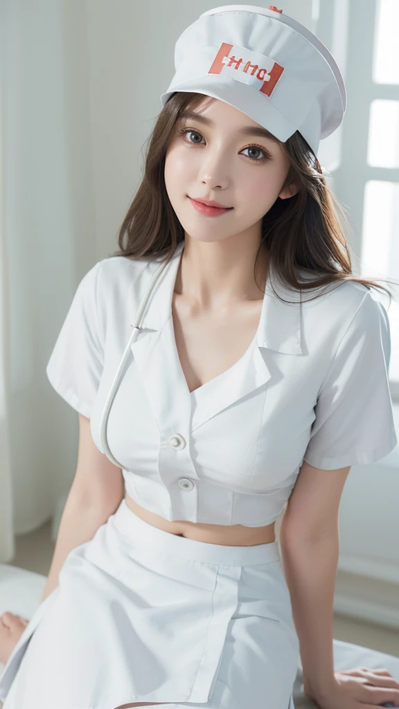innocent 25 year old girl,giant :1.2,cleavage of breasts:1.2、(panty shot:1.3) (white nurse uniform:1.5),( White short skirt:1.5),(White nurse hat:1.5),(white nurse pumps:1.5), Angle:1.2、The background is a hospital room.、laugh,shortcut、RAW photos, (8k、top quality、masterpiece:1.2)、(intricate details:1.4)、(realistic:1.4)、octane rendering、Complex 3D Rendering Ultra Detailed, studio soft light, rim lights, vivid details, super detailing, realistic skin texture, detail face, Beautiful eye for detail, Highly detailed CG Unity 16k wallpaper, assembly, (detailed background:1.2), glowing skin, whole body