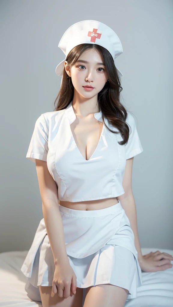 innocent 25 year old girl,giant :1.2,cleavage of breasts:1.2、(panty shot:1.3) (white nurse uniform:1.5),( White short skirt:1.5),(White nurse hat:1.5),(white nurse pumps:1.5), Angle:1.2、The background is a hospital room.、laugh,shortcut、RAW photos, (8k、top quality、masterpiece:1.2)、(intricate details:1.4)、(realistic:1.4)、octane rendering、Complex 3D Rendering Ultra Detailed, studio soft light, rim lights, vivid details, super detailing, realistic skin texture, detail face, Beautiful eye for detail, Highly detailed CG Unity 16k wallpaper, assembly, (detailed background:1.2), glowing skin, whole body
