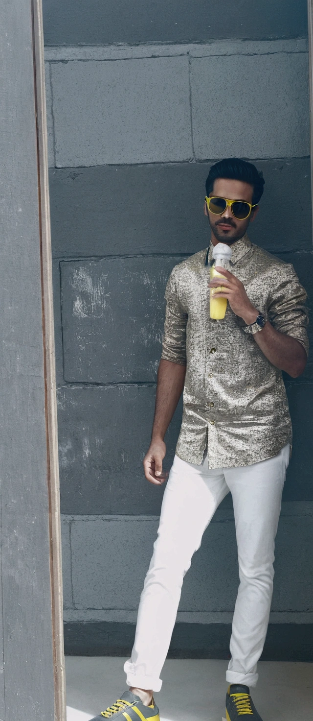 create a 3D illusion for a profile picture where a 25 year old boy attitude BOY in a yellow dress and sunglasses sitting casually on a wingback yellow Lamborghini, wearing sneakers, with yellow
sunglasses he looks ahead the background features ” MAZIN KHAN” in big and capital Light yellow neon font on the dark grey wall, there should not be his shodow, and there are wings to make it appear as if be is an angel