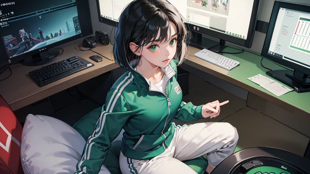 (perfect anatomy:1.2)(absurdres, highres, ultra detailed),masterpiece,best quality,high resolution,8k,Realistic face,Realistic skin texture,magnified textures, stunning clarity,detailed anime girl,(ultra detailed eyes and face),(1 girl:1.4)21years old,she is office worker,,black hair, bob cut, No-makeup look,,(green school track jacket:1.2),(white school track pants),white t-thirt,(The chest is visible),11 p.m,sparkling eyes,small nose,roundface,Women's Apartments in japanese suburb,(faint light),(darkness),(midnight),(sitting a gaming chiar:1.4),(happy),
