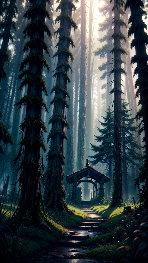 realistic dark oil painting of a medieval village at sunrise, moss, mist, misty, Eyeshadow, misterious, myth, dark, Light shining through the forest, surrounding, Depth of Field, Volumetric Lighting, light, Moody, heavy darkness, Black sky, low angle perspective, Courtesy of Evander Earle