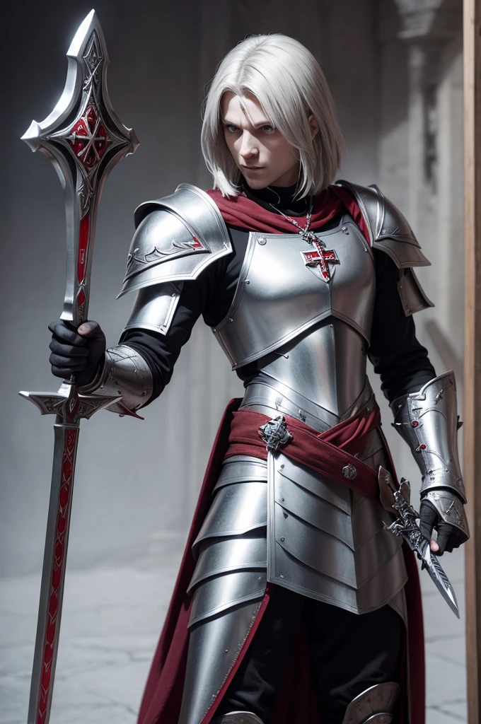 A Templar in silver armor with red accents wielding a double-handled longsword and a small wooden cross on a necklace