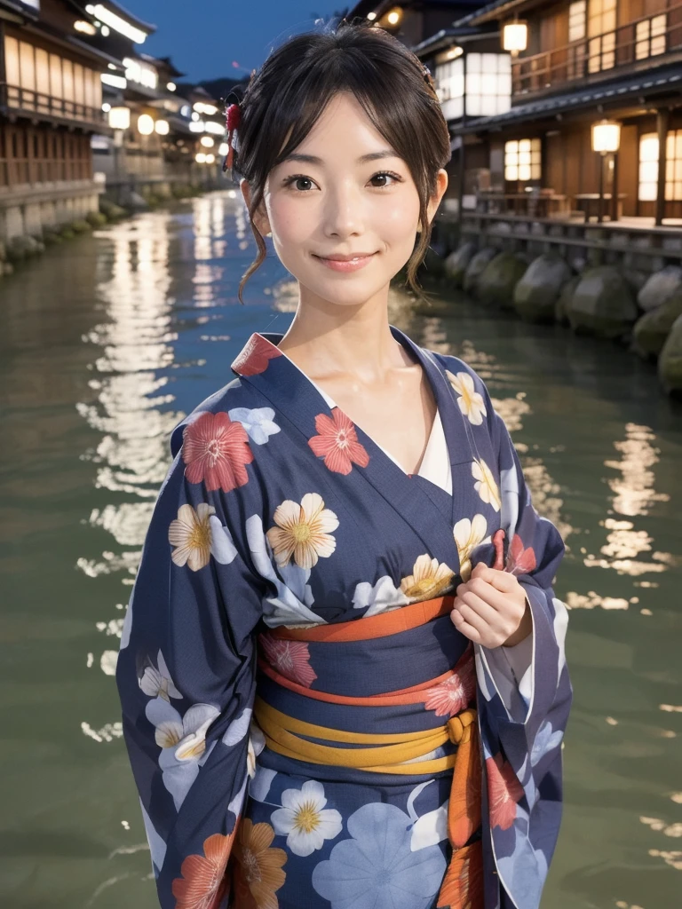 A beautiful woman in a yukata enjoying the evening coolness at the Kamo River in Kyoto、Hair tied up、