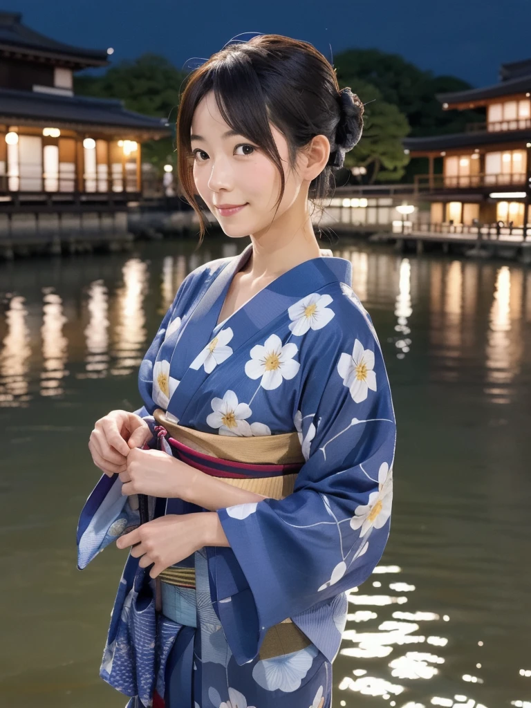 A beautiful woman in a yukata enjoying the evening coolness at the Kamo River in Kyoto、Hair tied up、