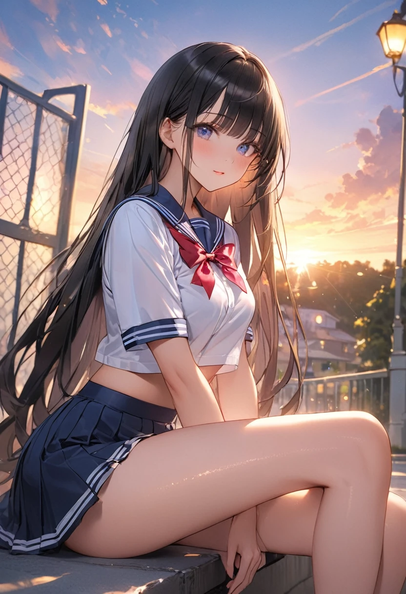 ((Highest quality))、((masterpiece))、(detailed)、((Anatomically correct))、(High resolution、8K)、One Woman、aldult、adult、look at me、、Angle from the front、(Ultra-glossy skin with attention to detail:1.1)、Glowing Skin、bangs、Long Hair、Straight Hair、Black Hair、Hair fluttering in the wind、(Beautiful Eyes:1.1)、Slender、(Cross your legs:1.1)、Sailor suit、The skirt is knee-length、(shirt lift:1.5)、(White wire bra)、F Cup、Cleavage、Close up of cleavage、School、school gate、evening、(Beautiful sunset:1.1)、