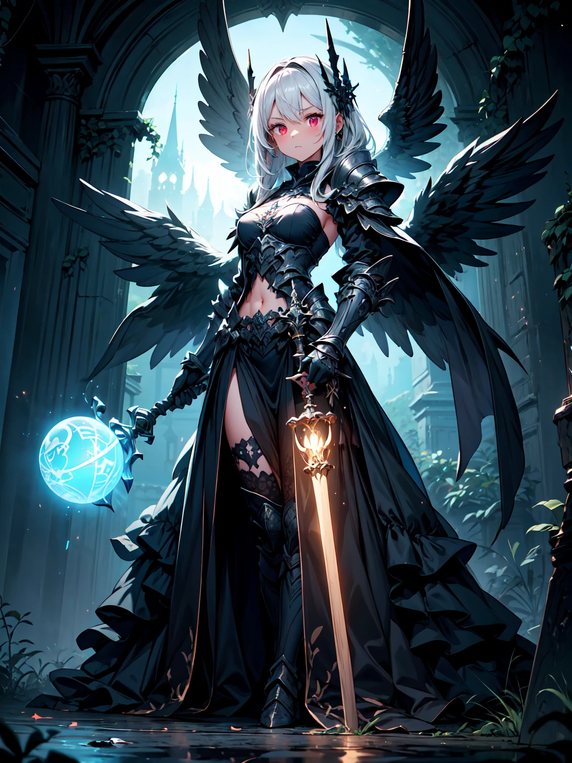 (((masterpiece, best quality, 16k)))((full body shot)) of a girl in detailed black gothic battle armor, standing in a completely dark environment. She has long white hair and glowing red eyes, with black angel wings, tattoos, and piercings. Her battle armor is intricately designed, revealing her bellybutton. She is holding a glowing orb of energy in her hands, which emits a soft, ethereal light. Surrounding her are numerous small lights in shades of {blue|purple}, casting a faint glow similar to candlelight. The only illumination comes from the orb and the particles around her. The atmosphere is {mysterious|otherworldly}, with a misty haze drifting around her feet. The ground beneath her is reflective, creating a mirrored effect that adds to the surreal ambiance. Subtle textures of ancient, worn stones and creeping vines can be seen in the background, hinting at a hidden, gothic castle. The scene is quiet and enigmatic, with her face partially obscured by the hood, her eyes focused intently on the luminous orb. She holds an intricately designed staff made of wood with metallic parts and embedded jewels.

[Best quality], [Masterpiece], [Ultra-detailed], [4k], {serene|intense} atmosphere, gothic castle, {dynamic pose|relaxed pose}, complete darkness, {soft shadows|dramatic lighting}, {reflected light on the ground:0.7}, {misty haze:0.6}, {glowing plants:0.5}, {creeping vines:0.4}, {ancient stones:0.3}.
