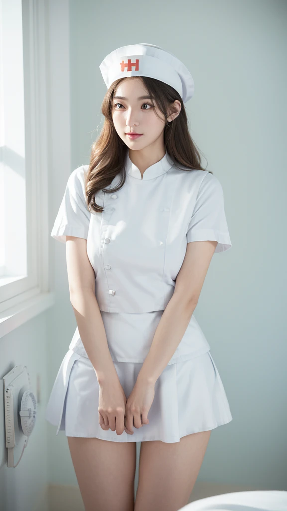 innocent 25 year old girl,giant :1.2,cleavage of breasts:1.2、(panty shot:1.3) (white nurse uniform:1.5),( White short skirt:1.5),(White nurse hat:1.5),(white nurse pumps:1.5), Angle:1.2、The background is a hospital room.、laugh,shortcut、RAW photos, (8k、top quality、masterpiece:1.2)、(intricate details:1.4)、(realistic:1.4)、octane rendering、Complex 3D Rendering Ultra Detailed, studio soft light, rim lights, vivid details, super detailing, realistic skin texture, detail face, Beautiful eye for detail, Highly detailed CG Unity 16k wallpaper, assembly, (detailed background:1.2), glowing skin, whole body