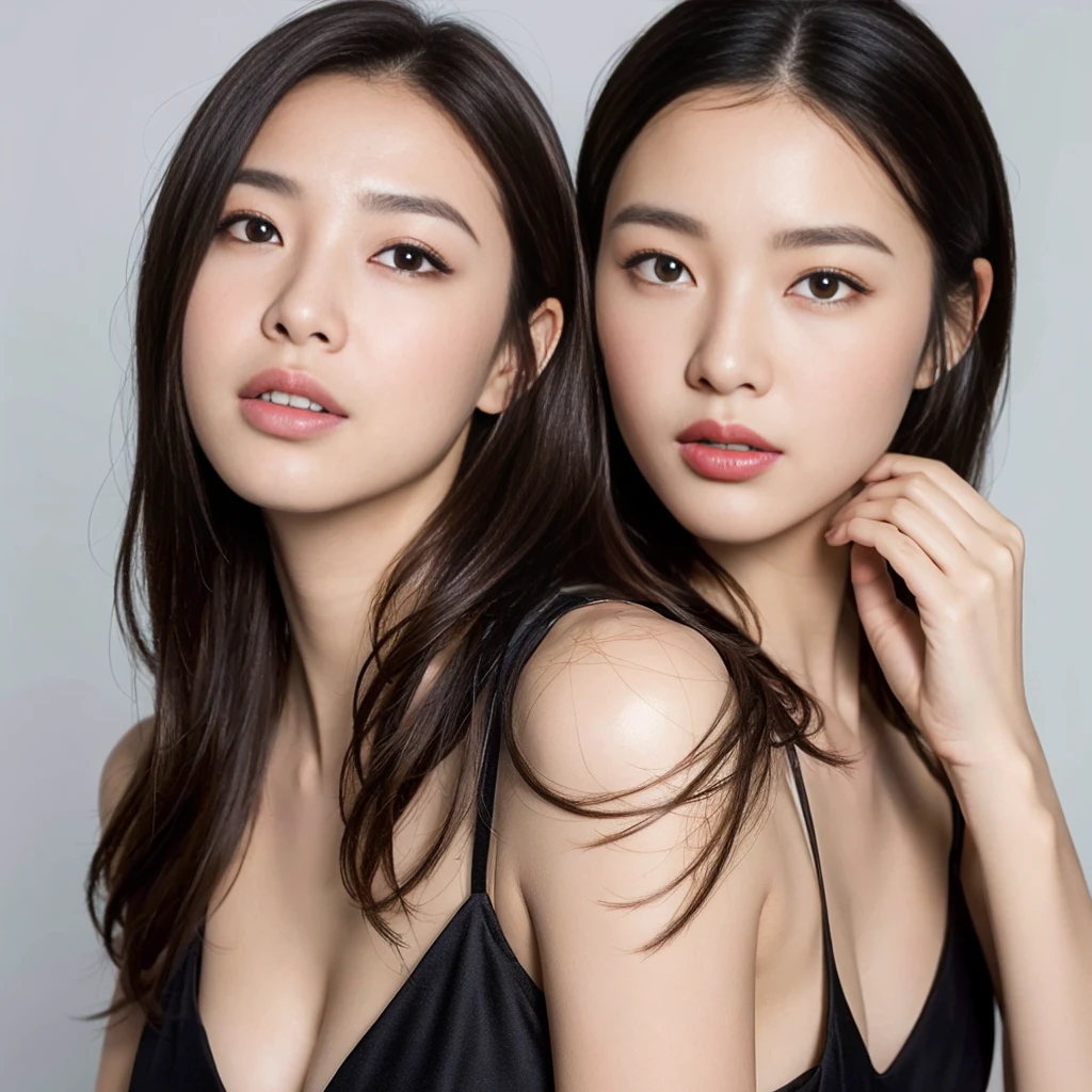 ((Highest quality, 8k, girl, beautiful girl)), cute, dynamism, Detailed face, Detailed skin, Detailed eyes, Detailed lips, Detailed fingers, Mouth details, Detailed teeth, Detailed tongue, Round eyes, Tear bags, Realistic, RAW Photos, Natural light, Perfect ???????, High resolution, Silver color background, chest, twin color hair, Sitting