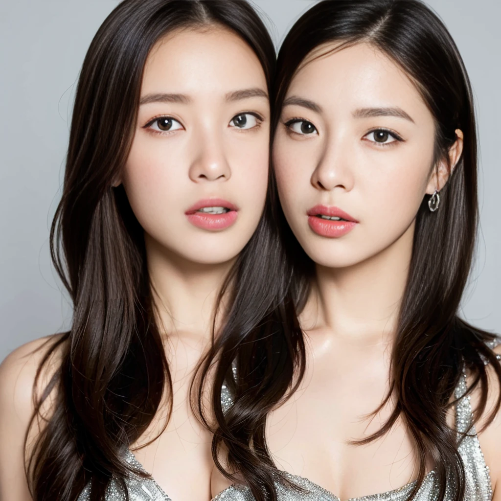((Highest quality, 8k, girl, beautiful girl)), cute, dynamism, Detailed face, Detailed skin, Detailed eyes, Detailed lips, Detailed fingers, Mouth details, Detailed teeth, Detailed tongue, Round eyes, Tear bags, Realistic, RAW Photos, Natural light, Perfect Anatomy, High resolution, Silver color background, chest, twin color hair, Sitting