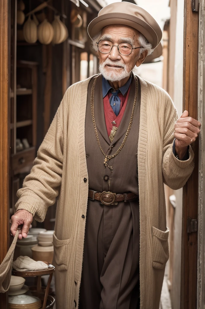 An elderly man dressed in antique clothes looking forward