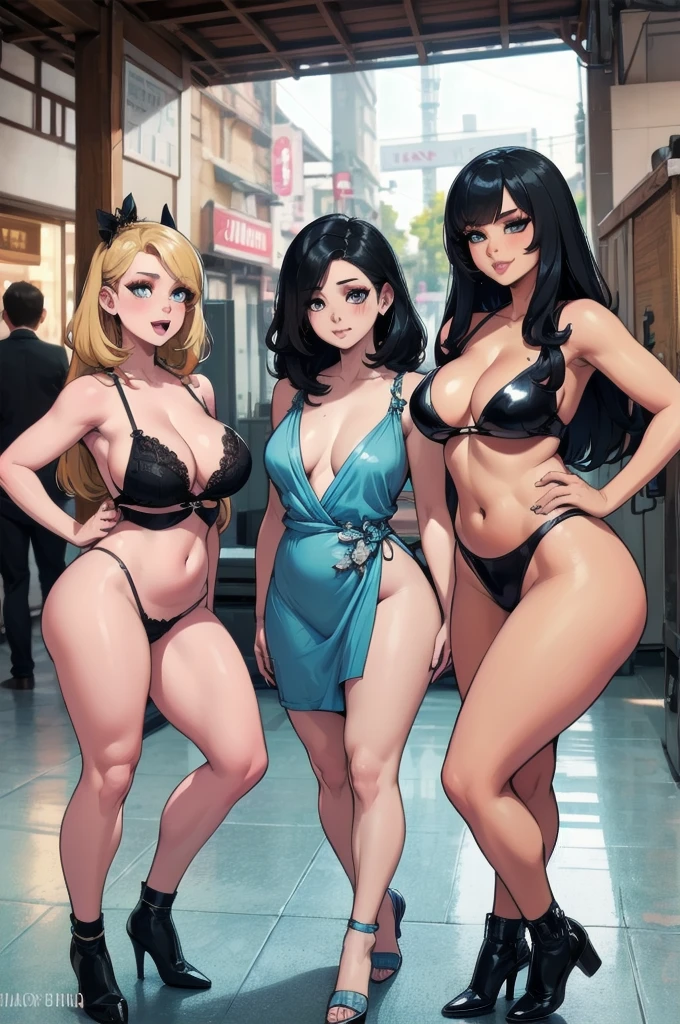 Group of diverse women having fun together, sexy bodies, beautiful faces, makeup, eyeliner, secure outfits, highly detailed, very different styles, very different appearances, (black, Caucasian, Asian, tall, short, thin, fat, curvy, slim, busty, flat chest)