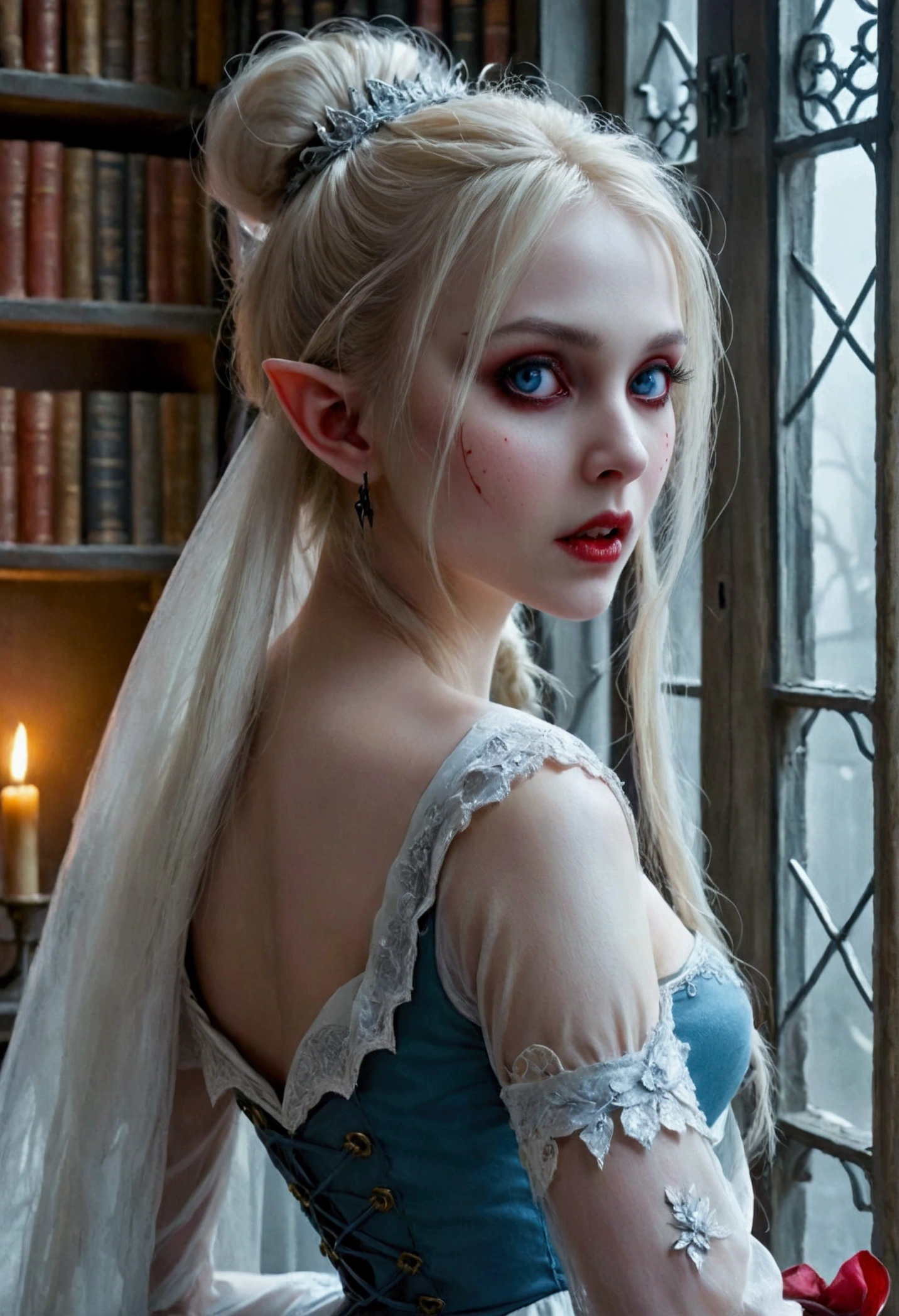 arafed a picture of elf vampire in her castle. an exquisite beautiful female elf vampire (ultra details, Masterpiece, best quality), bloody mouth blond hair, pale skin, hair in a ponytail, long hair, blue eyes, small pointed ears, cold eyes, smirking, wearing white dress (ultra details, Masterpiece, best quality), red cloak, in dark fantasy library, book shelves, arafed high details, best quality, 16k, [ultra detailed], masterpiece, best quality, (ultra detailed), full body, ultra wide shot, photorealism, RAW, dark fantasy art, gothic art, ArmoredDress, Dark Novel, Dark Art Painting Style, dripping blood, goth person