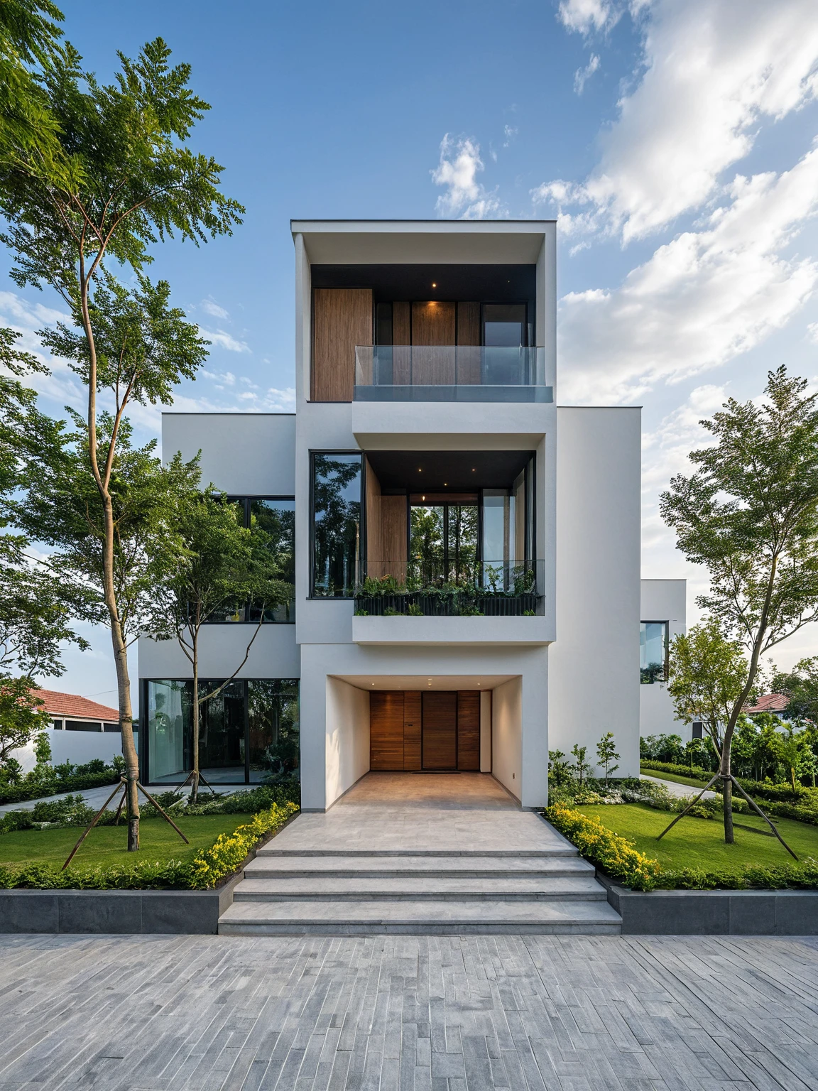 Masterpiece, high quality, best quality, authentic, super detail, outdoors, onestoreyvillaXL, aiaigroup, house style modern on the street ,stairs, white wall ,road,pavement, grass, trees, sky, cloud, (daylight:1.1)
