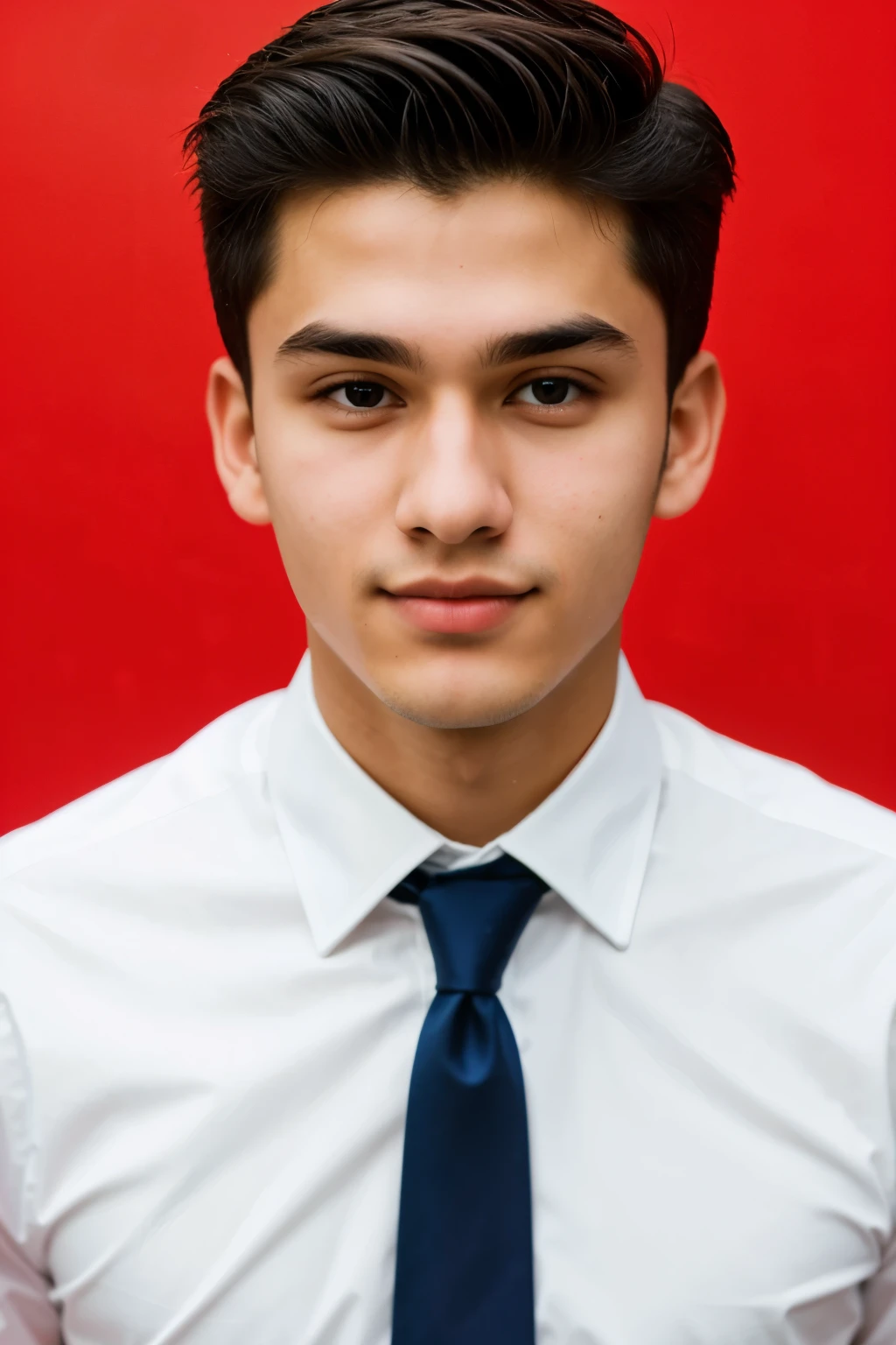 21 year old boy posing for linked in profile facing the front and upclose in formals and cool red background