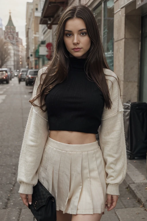 Russian women, loose sweater, pleated skirt, bag, long hair, realistic, looking at viewer, street, solo focus, sleeves past wrists, outdoors, brown hair, midriff, road, sweater, crop top, brown eyes, black skirt, lips, pleated skirt, handbag, long sleeves, shoes, storefront, standing, black hair, cropped sweater, multiple boys, blurry