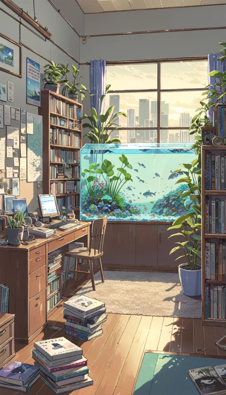((anime:1.4,illustration)),(masterpiece, top quality, best quality),(ultra-detailed, absolutely resolution),((16k, high res)). BREAK {lofi art, style of Laurie Greasley, style of Makoto Shinkai, anime aesthetic}, BREAK {There is an aquarium and houseplants in the room, no humans、books、Lots of CDs、Relaxing cat}