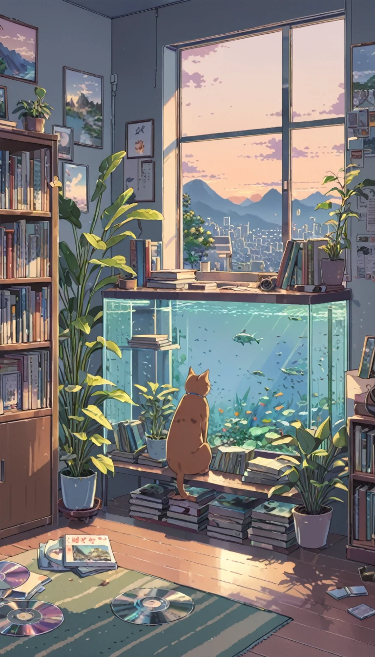 ((anime:1.4,illustration)),(masterpiece, top quality, best quality),(ultra-detailed, absolutely resolution),((16k, high res)). BREAK {lofi art, style of Laurie Greasley, style of Makoto Shinkai, anime aesthetic}, BREAK {There is an aquarium and houseplants in the room, no humans、books、Lots of CDs、Relaxing cat}