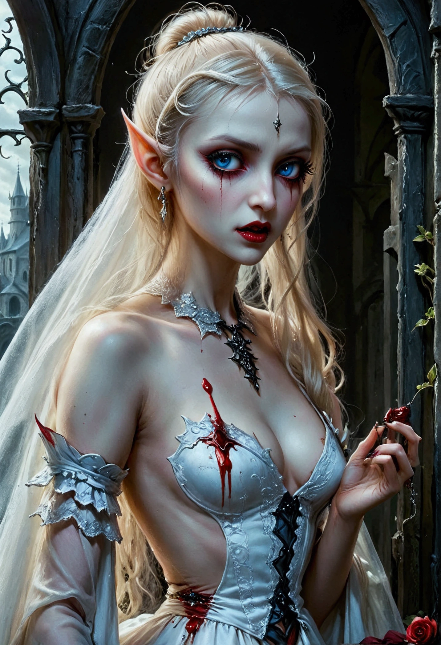 arafed a picture of elf vampire in her castle. an exquisite beautiful female elf vampire (ultra details, Masterpiece, best quality), bloody mouth blond hair, pale skin, hair in a ponytail, long hair, blue eyes, small pointed ears, cold eyes, smirking, wearing white dress (ultra details, Masterpiece, best quality), red cloak, in dark fantasy library, book shelves, arafed high details, best quality, 16k, [ultra detailed], masterpiece, best quality, (ultra detailed), full body, ultra wide shot, photorealism, RAW, dark fantasy art, gothic art, ArmoredDress, Dark Novel, Dark Art Painting Style, dripping blood, goth person