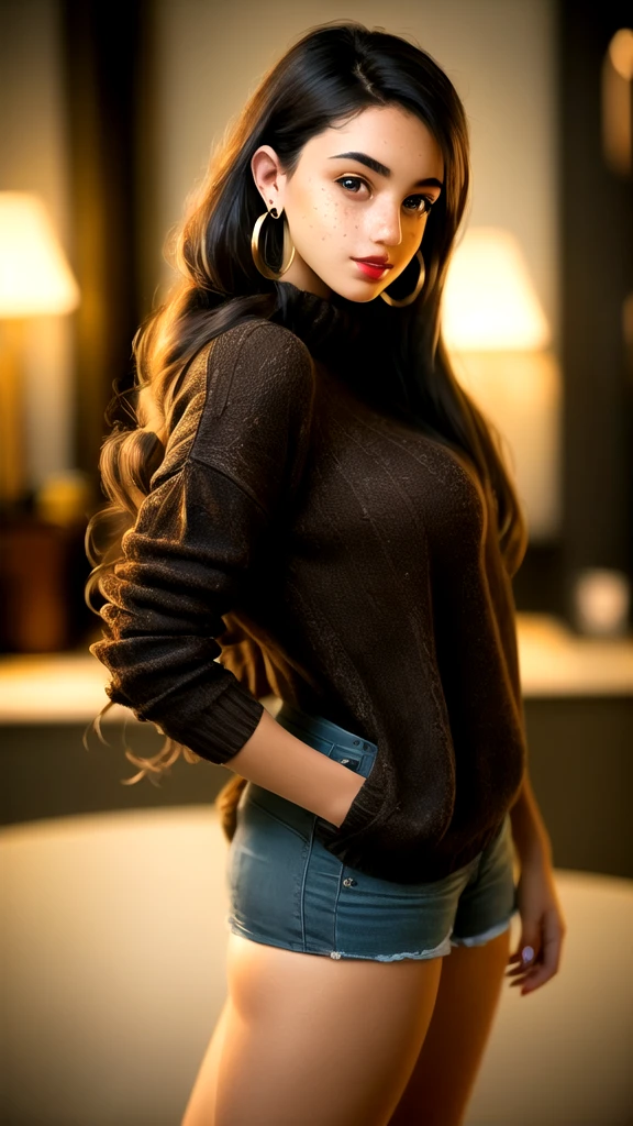 masterpiece,best quality, realistic illustration, style of Philip Lorca diCorcia, girl aged 18yo, 1girl, solo, black long hair, large braid, olive eyes, light freckles, toned body, large breasts, dark skin, wearing a sweater, cropped, hoop earrings, perfect lips, posing for the camera, pretty face, cute face, vignette, realistic facial features, highly detailed body, high budget, bokeh, cinemascope, moody, epic, gorgeous, whole body photo, film grain, grainy