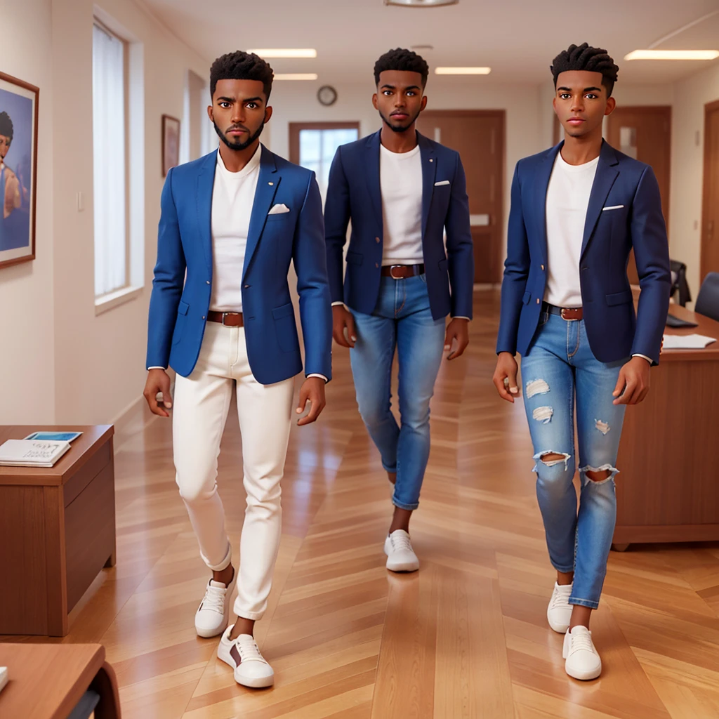 a photo of Kabede D'Incanto, is 30 years old, has a muscular body, of African descent, short black hair with an undercut cut, brown eyes, blue blazer, jeans, white t-shirt, white sneakers, is standing alone in an imposing possession facing the camera speaking in an office