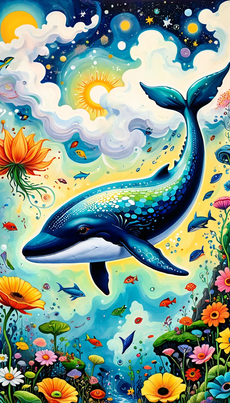 Children's graffiti,Thick coating,Concave and convex texture,Oil pastel strokes:Artists from the stars,Child,Flying Whale:1.37、Eruption Cloud、flowesh、章fish触手瀑布。、bird、(((Eye)))、diatom,Abstract mosaic painting,Describing the inner world of autistic people,Large area of white,interesting,Innocence,Vision,Psychedelic Art,