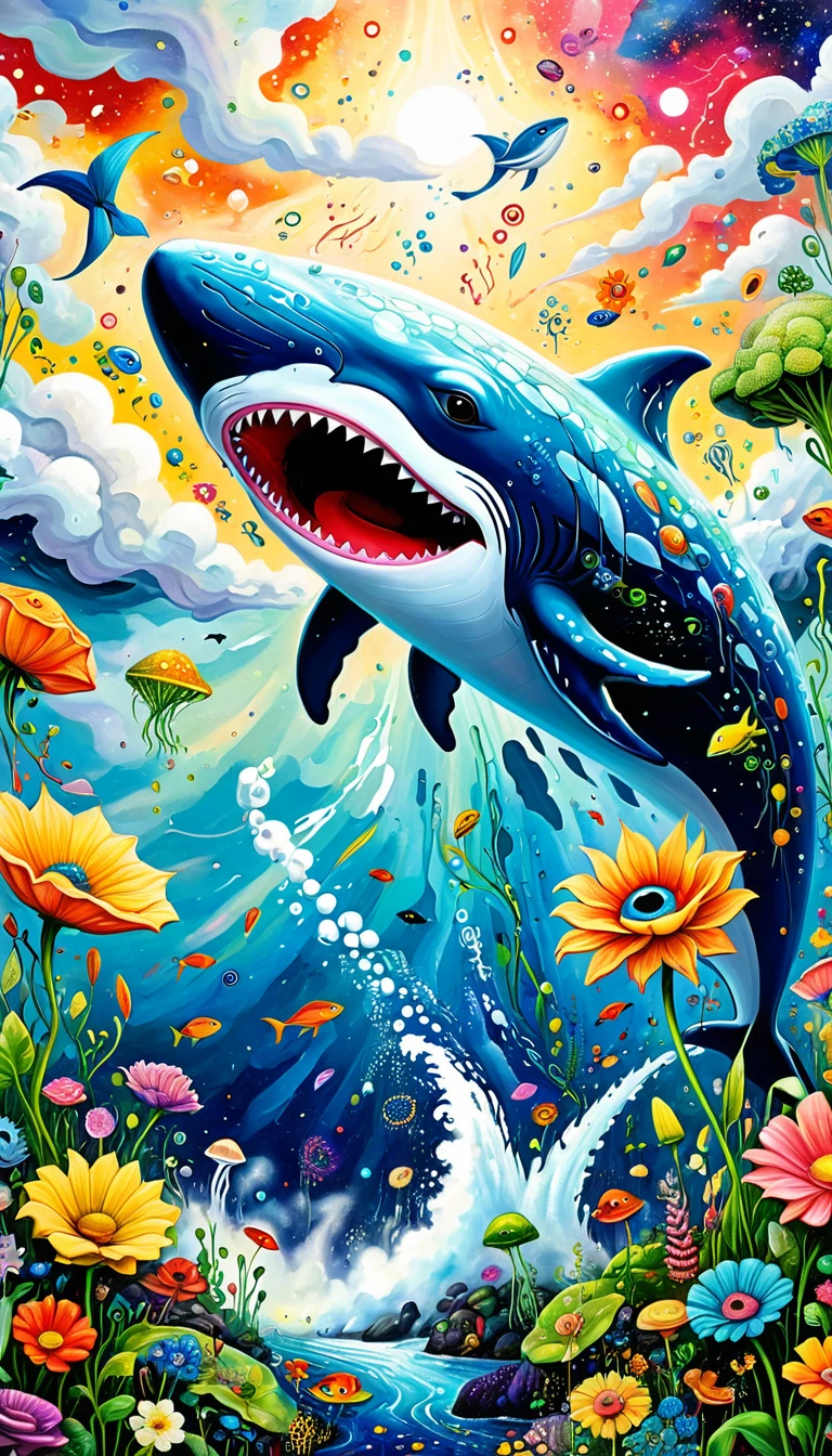 Children's graffiti,Thick coating，Concave and convex texture，Oil pastel strokes：Artists from the stars，Child，Flying Whale:1.37、Eruption Cloud、flowesh、章fish触手瀑布。、bird、(((Eye)))、diatom，Abstract mosaic painting，Describing the inner world of autistic people，Large area of white，interesting，Innocence，Vision，Psychedelic Art，
