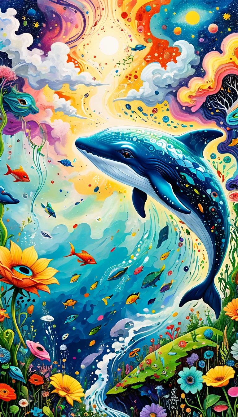 Children's graffiti,Thick coating,Concave and convex texture,Oil pastel strokes:Artists from the stars,Child,Flying Whale:1.37、Eruption Cloud、flowesh、章fish触手瀑布。、bird、(((Eye)))、diatom,Abstract mosaic painting,Describing the inner world of autistic people,Large area of white,interesting,Innocence,Vision,Psychedelic Art,