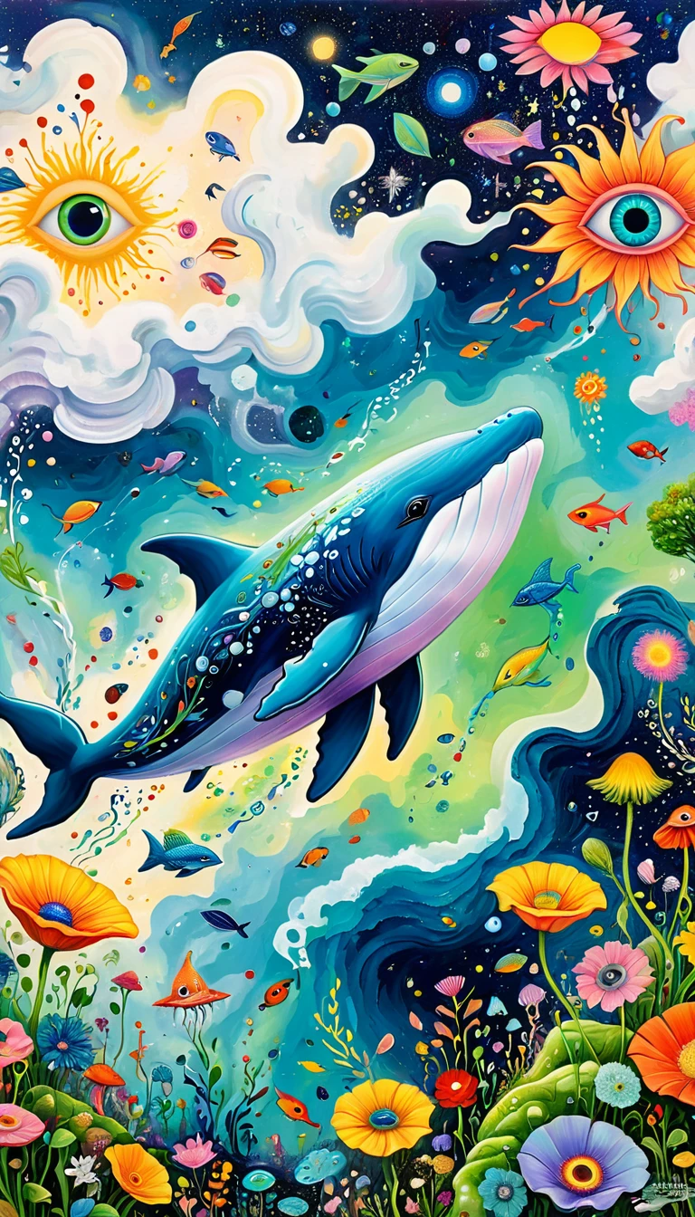 Children's graffiti,Thick coating，Concave and convex texture，Oil pastel strokes：Artists from the stars，Child，Flying Whale:1.37、Eruption Cloud、flowesh、章fish触手瀑布。、bird、(((Eye)))、diatom，Abstract mosaic painting，Describing the inner world of autistic people，Large area of white，interesting，Innocence，Vision，Psychedelic Art，
