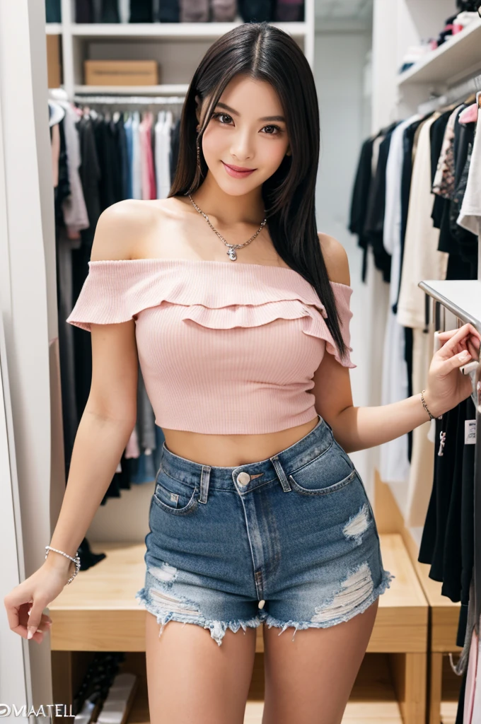 Apparel shop changing room, company employee, ((full body)), ((photo)), ((best qualtiy, 8K, tmasterpiece:1.3)), Focus:1.2, perfect figure beautiful girl:1.4, 1girl, cowboy shot, look at viewer, eyes facing the camera, incredibly absurd, beautiful and cute girl with a photorealistic face, showcasing top-quality craftsmanship, A Japanese woman choosing clothes at an apparel shop, 23 years old, has long, straight, silky black hair, fair skin, big eyes, thin eyebrows, double eyelids, long eyelashes, pink lips, smile, devilish smile, gorgeous features, well-defined facial features, beautiful face line, mysterious beauty, slender, tall, well-balanced proportions, large E-cup breasts, white off-the-shoulder top, denim shorts, wedge sandals, silver necklace and bracelet, pretty girl, beauty, devilish type, pretty older sister, passionate about art, sociable, friendly, positive, has leadership skills, is proactive, is flexible, gets things done efficiently, works hard towards dreams and goals, July